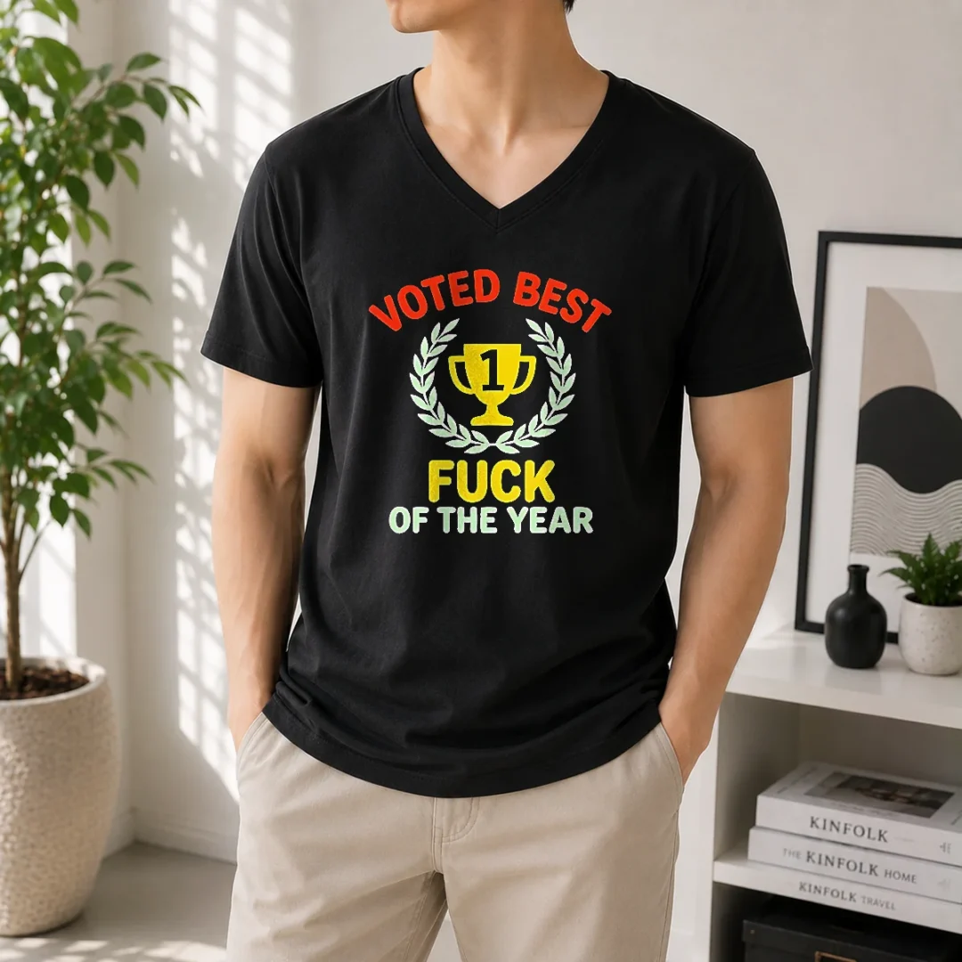 hot-voted-best-fuck-of-the-year-trophy-award-v-neck-shirt Hot Voted Best Fuck Of The Year Trophy Award V Neck Shirt with short sleeves in black