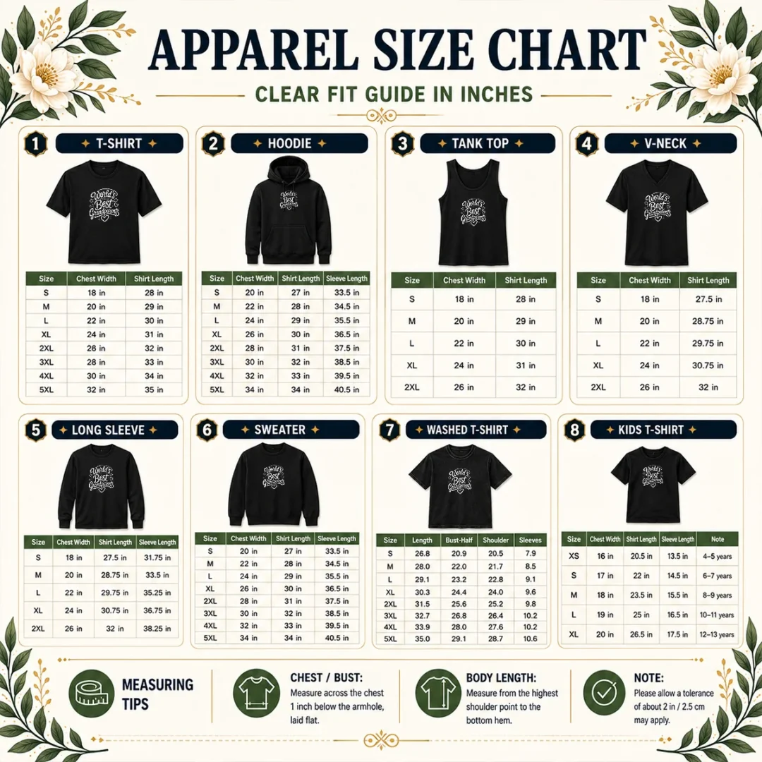 hot-worlds-best-grandparents-day-line-art-size-chart Size chart for Hot Worlds Best Grandparents Day Line Art with measurements in inches and cm