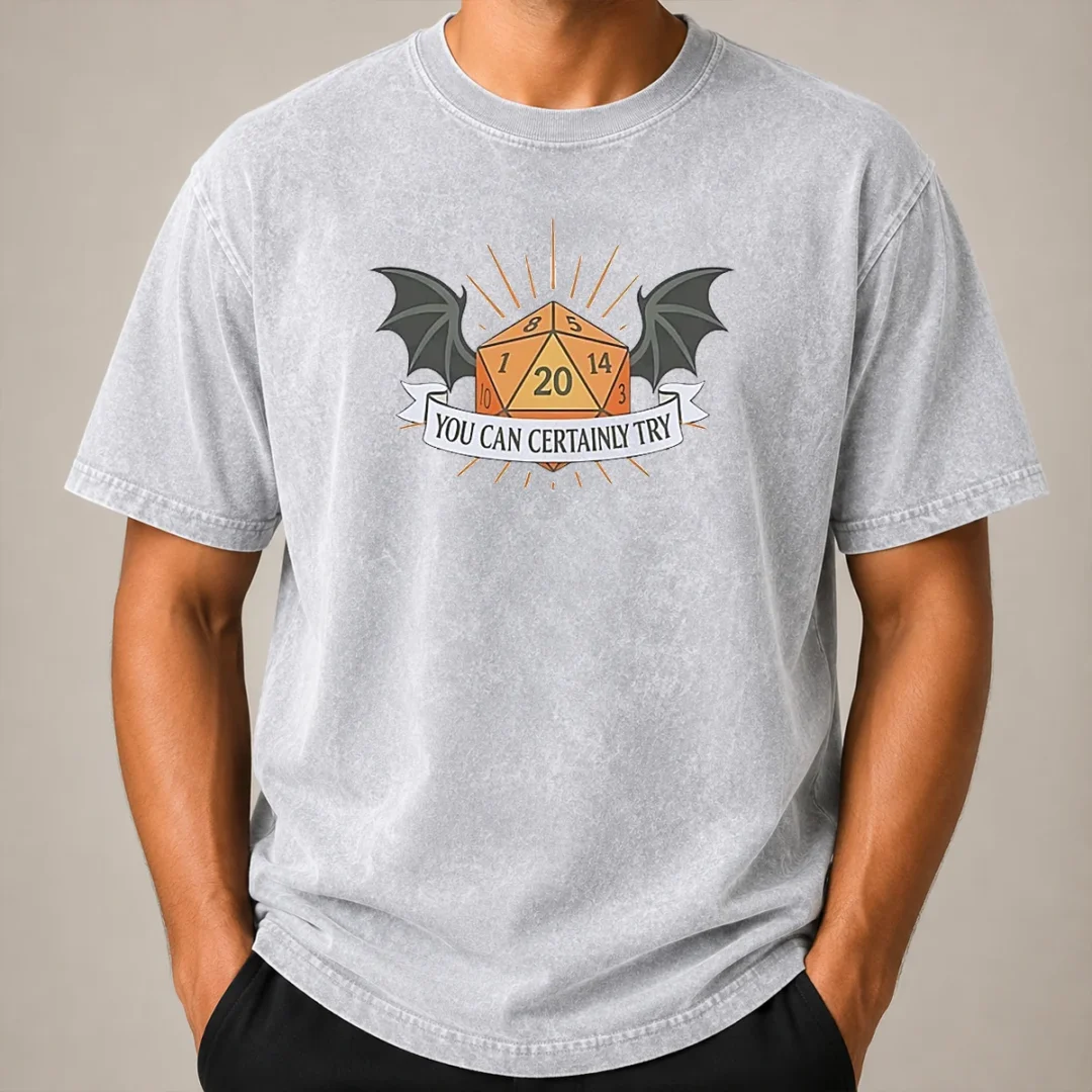 Hot You Can Certainly Try D20 Dice With Wings Washed T Shirt Hot You Can Certainly Try D20 Dice With Wings Washed T-Shirt