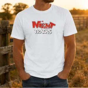 Top Night Tracks Logo t shirt in black, featuring a bold white graphic on front, short sleeve cotton tee