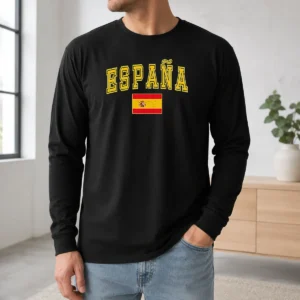 Original Espana Spain Flag Long Sleeve Shirt featuring vibrant red and yellow flag design on comfortable cotton fabric