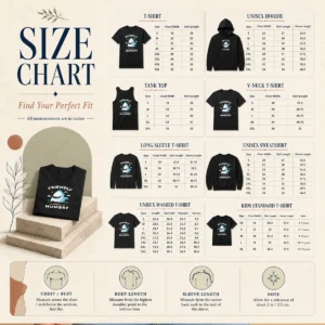 Size chart for Nice Shark Grinning Friendly Until Hungry with measurements in inches and cm