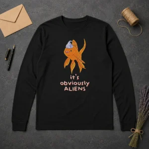 Hot Top Goldfish Wearing Tin Foil Hat It Is Obviously Aliens long sleeve shirt in black with graphic print