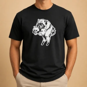 Funny Jimothy Raccoon Holding Skull Seattle Finest Ballard Legend Cute Trash Panda t shirt in black, front view