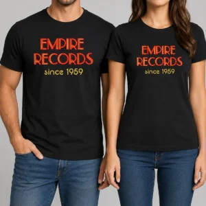 Pretty Empire Records t shirt in black with white and red logo print, classic crew neck cotton tee