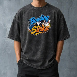 Hot Bowling For Strike Typography Washed T Shirt featuring a vintage washed look and bold graphic print on soft cotton fabric
