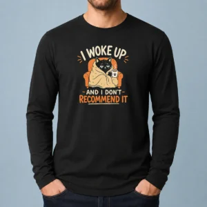 Perfect Awesome I Woke Up And I Don'T Recommend It Geek long sleeve shirt with bold printed text on front