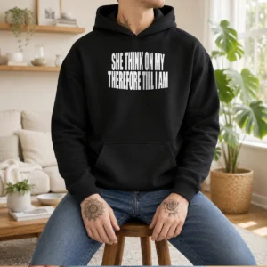 Top Pretty She Think On My Therefore Till I Am Hoodie in charcoal gray, front view with drawstring hood and kangaroo pocket