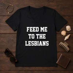 Awesome Feed Me To The Lesbians Lesbian Slogan V-Neck Shirt