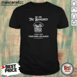 Funny We Are The Banished Rutherford County Library Alliance Stack Of Books shirt in black, short sleeve casual tee