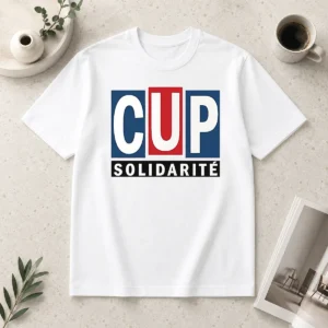 Nice Happy CUP Solidarity Red White Blue Logo t shirt in classic crew neck style with patriotic colors