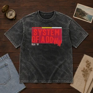 Hot System Of A Down Berlin Germany Olympiastadion On July 8 2026 Down Text Washed T Shirt in faded black color