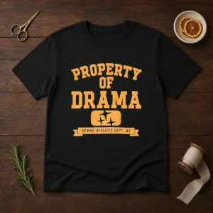 Good Property Of Drama Athletic Dept NY t shirt in classic crew neck style with printed athletic department logo
