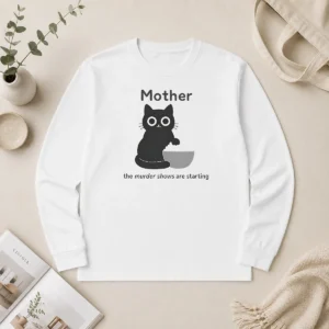 Hot Good Mother The Murder Shows Are Starting Black Cat long sleeve shirt in black with bold graphic print