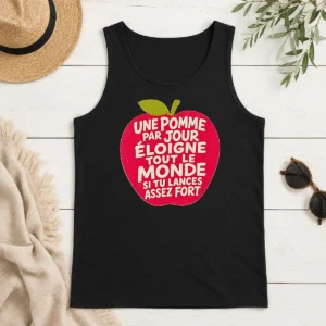 Premium Good Une Pomme Par Jour Eloigne Tout Le Monde Si Tu Lances Assez Fort Humor tank top in white, front view with bold text design