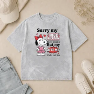 Funny Sorry My Nice Button Out Of Order But My Bite Me Works Just Fine printed on a soft washed t shirt in light gray