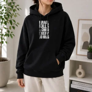 Top Israel Kills A Child Every 30 Mins Human Rights Hoodie in black, featuring bold white text on front