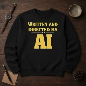 Top Written And Directed By AI Bold Text sweater in black with bold white text on front, crewneck style