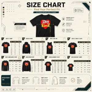 Size chart for Original Funny Stay Kind Heart showing measurements in inches and cm