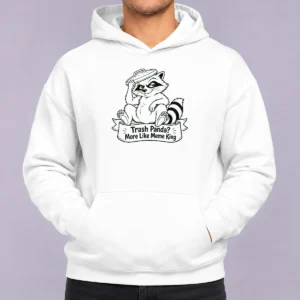 Top Cheeky Jimothy Viral Raccoon Trash Panda Line Art Hoodie in black, front view with kangaroo pocket and adjustable drawstring hood