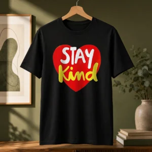 Original Funny Stay Kind Heart t shirt in classic fit with bold graphic text on front