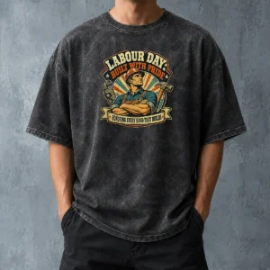 Pretty Retro Labour Day Celebration Pride Worker Washed T Shirt showing soft fabric and vintage style print on a washed tshirt