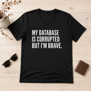 Original My Database Is Corrupted V Neck Shirt in charcoal gray with white text design