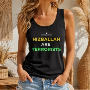 Premium Hizballah Are Terrorists Terrorism Act 2000 tank top featuring bold text design on a sleeveless garment