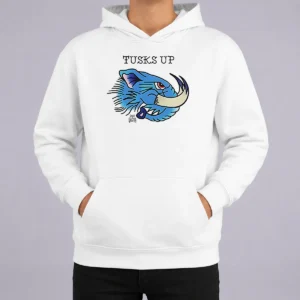 Pretty Tusks Up Blue Boar Head By Ghou Viscera hoodie in navy blue with bold graphic print on front
