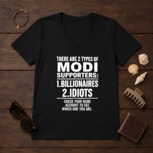 Hot There Are 2 Types Of Modi Supporters Billionaires Or Idiots Check Your Bank V Neck Shirt in dark color, soft fabric, casual fit