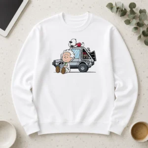 Happy Top Doc Brown Snoopy Back To The Future Mashup Delorean Time Machine Cartoon long sleeve shirt in white with colorful graphic print