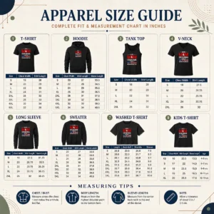 Size chart for Funny I'M A Mom Grandma And A Veteran Nothing Scares Me USA with measurements in inches and cm