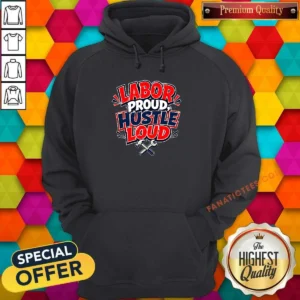 Awesome Labor Day Cartoon Proud Hustle Statement Hoodie in black with vibrant graphic print on front