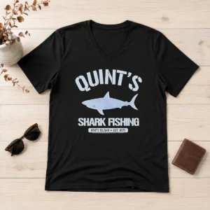 Nice Quint'S Shark Fishing Amity Island Est 1975 Detailed Shark V Neck Shirt showing front design on soft fabric