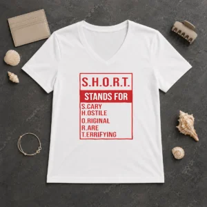 Good Short Stands For Scary Hostile Original Rare Terrifying V Neck Shirt in dark color, short sleeves, lightweight fabric