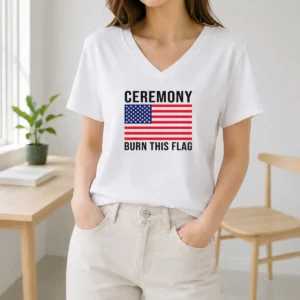Premium Top Ceremony Burn This Flag United States Of America Patriotic Protest V Neck Shirt in black with bold graphic print