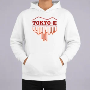 Original Tokyo III Angel Intercept And Defense Specialized Fortress City Hoodie in black with front graphic print and drawstring hood