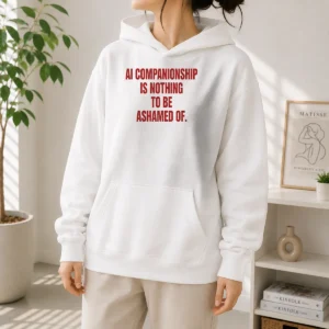 Pretty AI Companionship Is Nothing To Be Ashamed Of Hoodie in soft black fabric with front pocket and drawstring hood