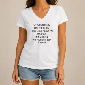 Pretty Of Course My Baby Daddy Talks Crap About Me It'S Free If It Cost He Wouldn'T Say A Word V-Neck Shirt