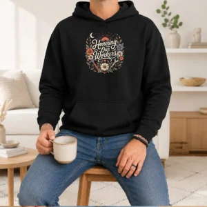 Original Labour Day Workers Celebration Boho Line Art Hoodie in soft fabric with front pouch pocket and adjustable drawstring hood