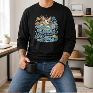 Original Cute Kittens Of The Sea Watercolor Line Art Long Sleeve Shirt