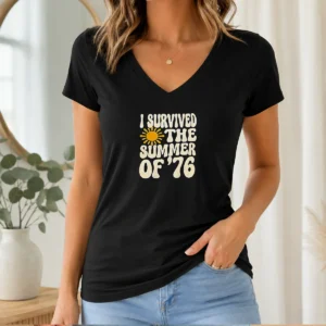 Pretty I Survived The Summer Of 1976 Retro V Neck Shirt in soft fabric with vintage design