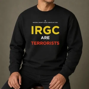 Hot IRGC Are Terrorists National Security State Threats Act 2026 Sweater in charcoal gray, front view with bold white text