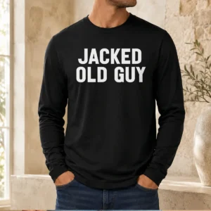 Premium Jacked Old Guy Long Sleeve Shirt in dark color displayed on a male model, showing front chest design clearly