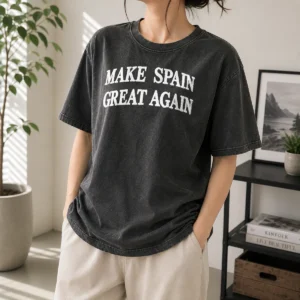 Hot Good Make Spain Great Again Cap printed on a soft washed t shirt in light gray, front view
