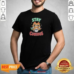 Good Stay Curious Science Cat Chemistry Laboratory shirt optimized showing front print on a cotton short sleeve tee