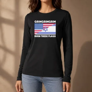 Pretty United States Israel Flag Grimgrimgrim Burn These Flags Long Sleeve Shirt in black with bold graphic print