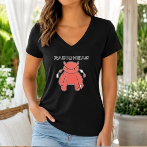 Nice Radiohead Distressed Crying Devil Character V Neck Shirt showcasing a soft fabric and relaxed fit