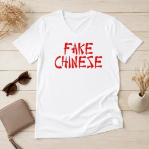 Funny Top Fake Chinese Typography Statement Expression Parody V Neck Shirt with short sleeves and casual fit
