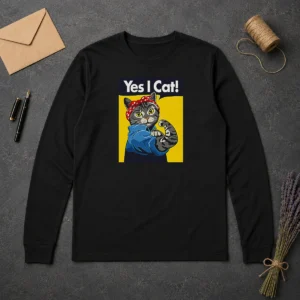 Top CATS – Yes I Cat Long Sleeve Shirt featuring a playful cat graphic on a comfortable cotton blend fabric